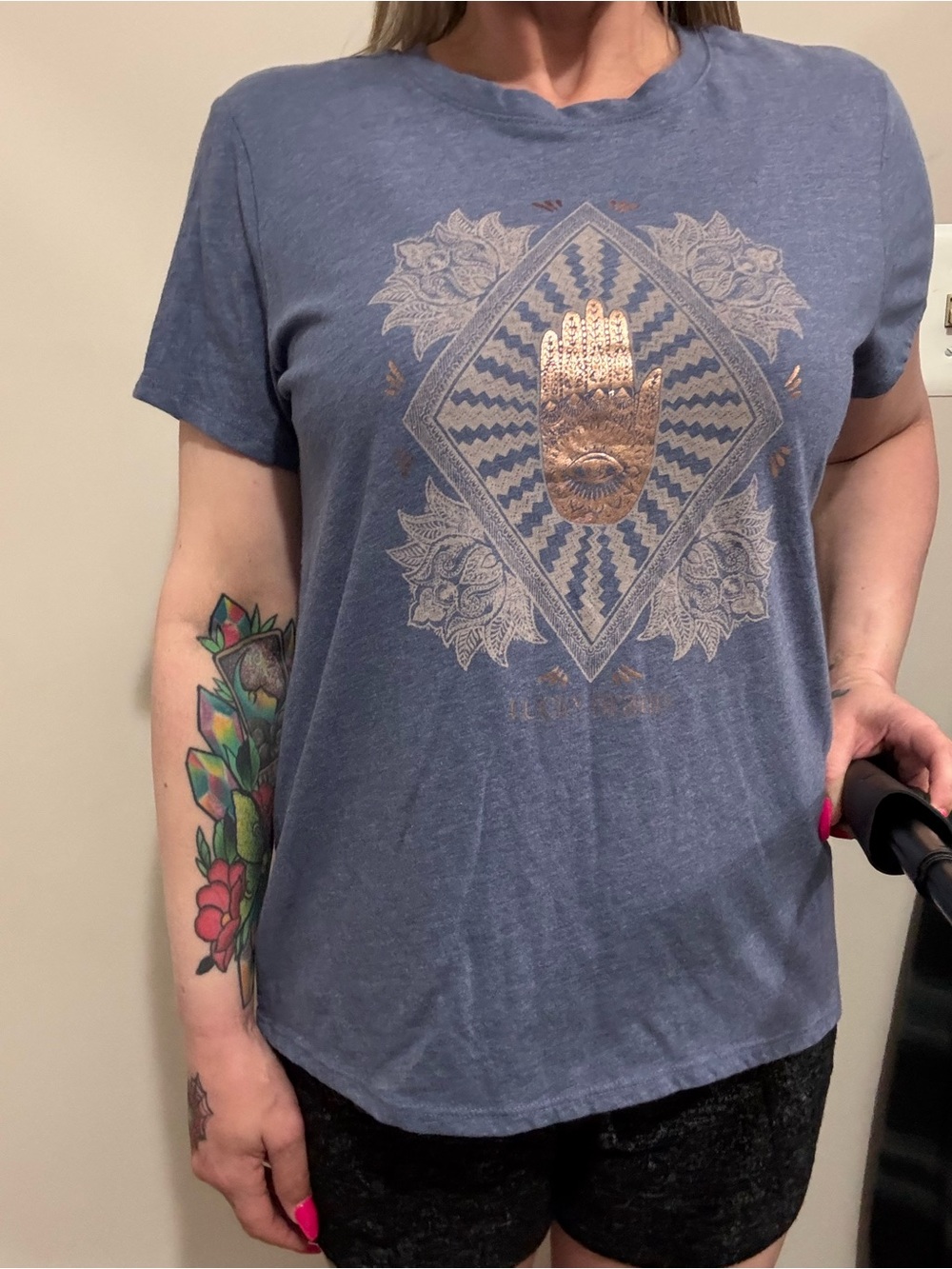 Lucky Brand Blue Short-Sleeve Tee with Metallic Gold Hand Graphic